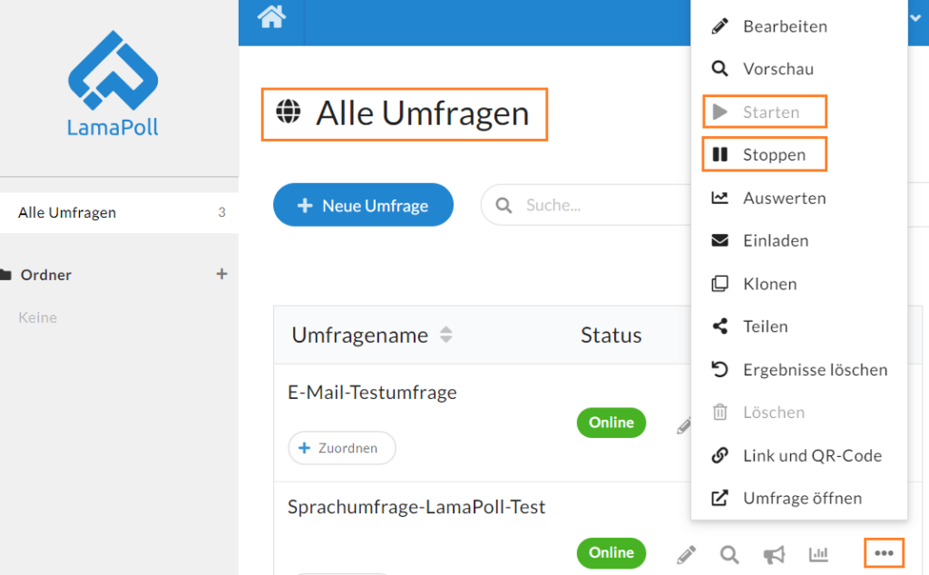 Starten und Stoppen einer Umfrage