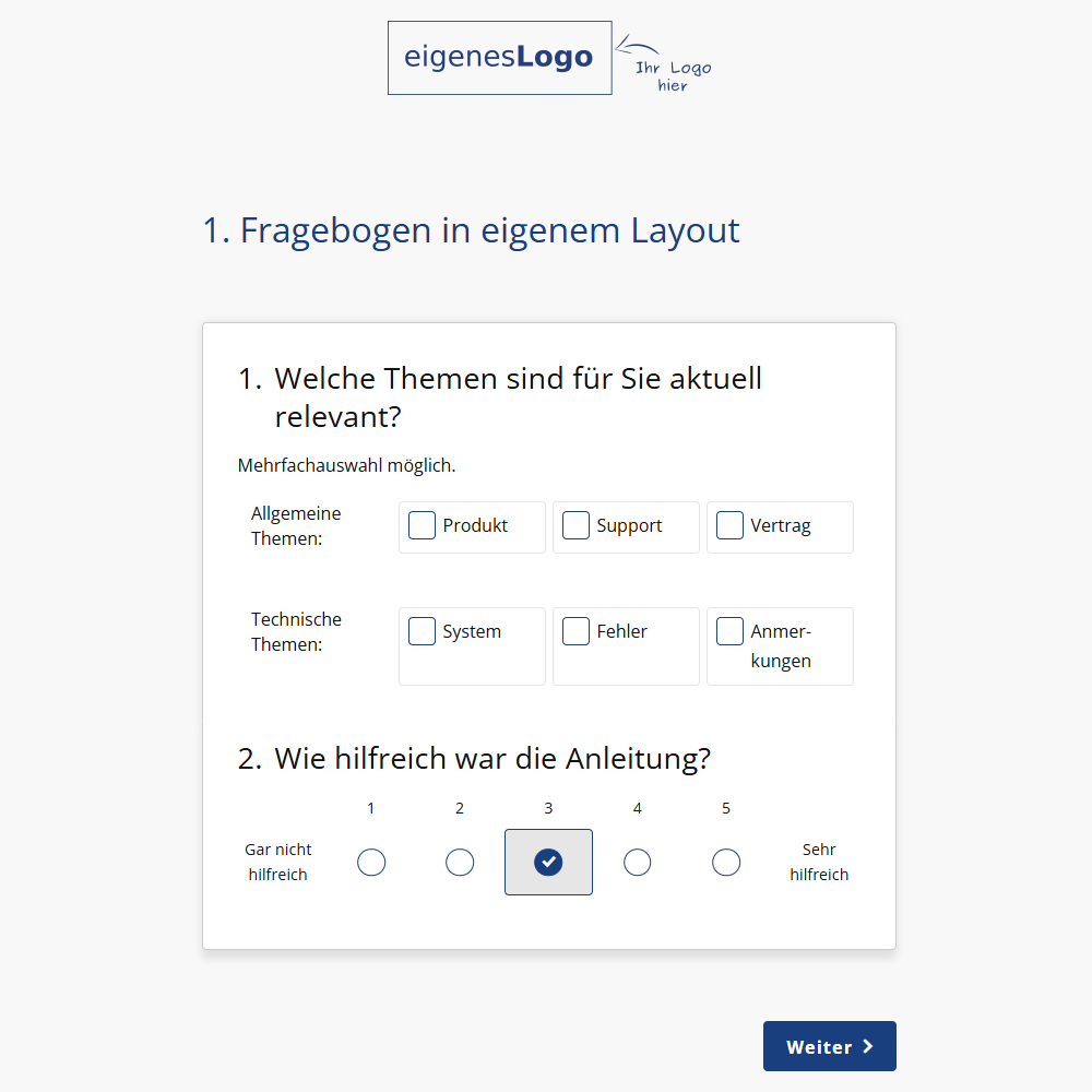 Umfragelayout mit Seitennummerierung und schmalen Fragefeld