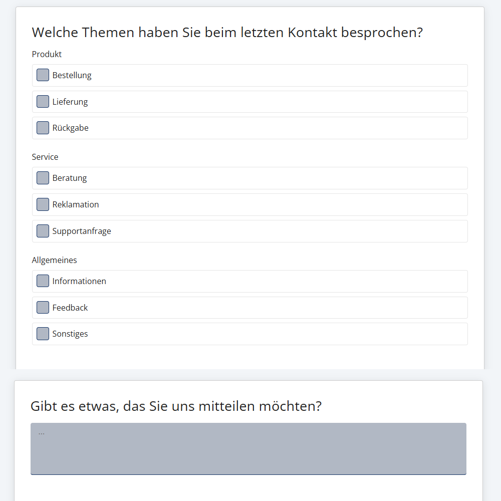 Antwortanordnung in Umfragen: Vertikale und gruppierte Anordnung der Antwortoptionen und großes Freitext Antwortfeld Antwortanordnung in Umfragen: Vertikale und gruppierte Anordnung der Antwortoptionen und großes Freitext Antwortfeld