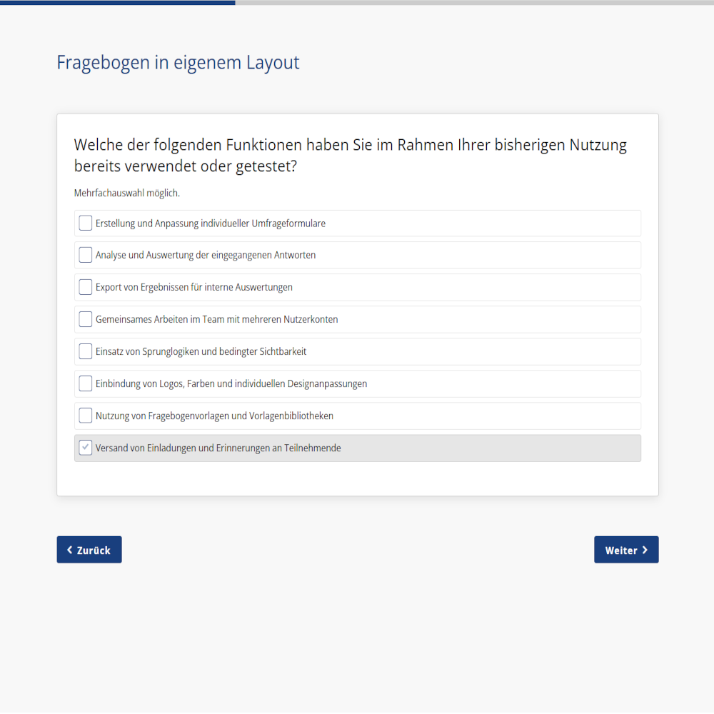 Umfragelayout mit Fortschrittsbalken und breitem Fragefeld