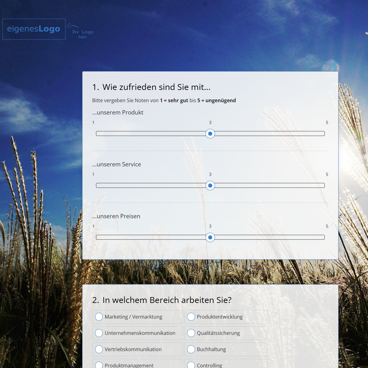 Umfragedesign in Grau/Blau und mit Hintergrundbild