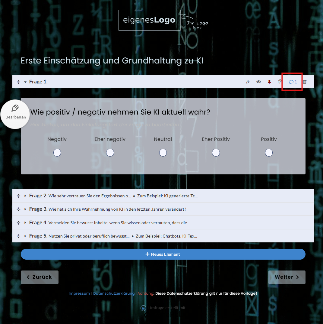 Pretest Online-Umfrage: Kommentarfunktion im LamaPoll Editor nutzen