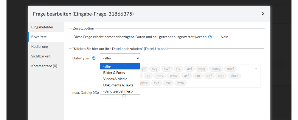 Die Frageart Datei-Upload ermöglicht das den Upload verschiedener Dateitypen
